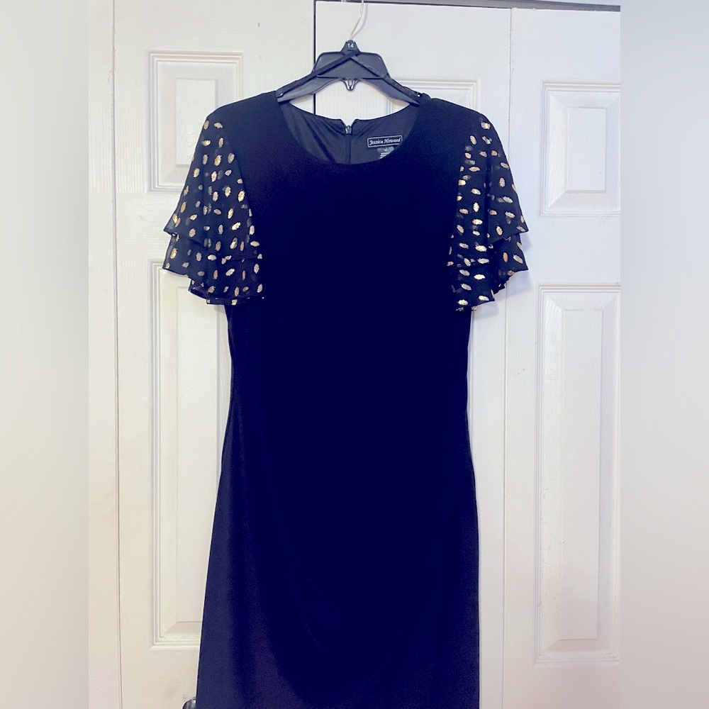 Jessica Howard black dress with gold leaves on sheer sleeves